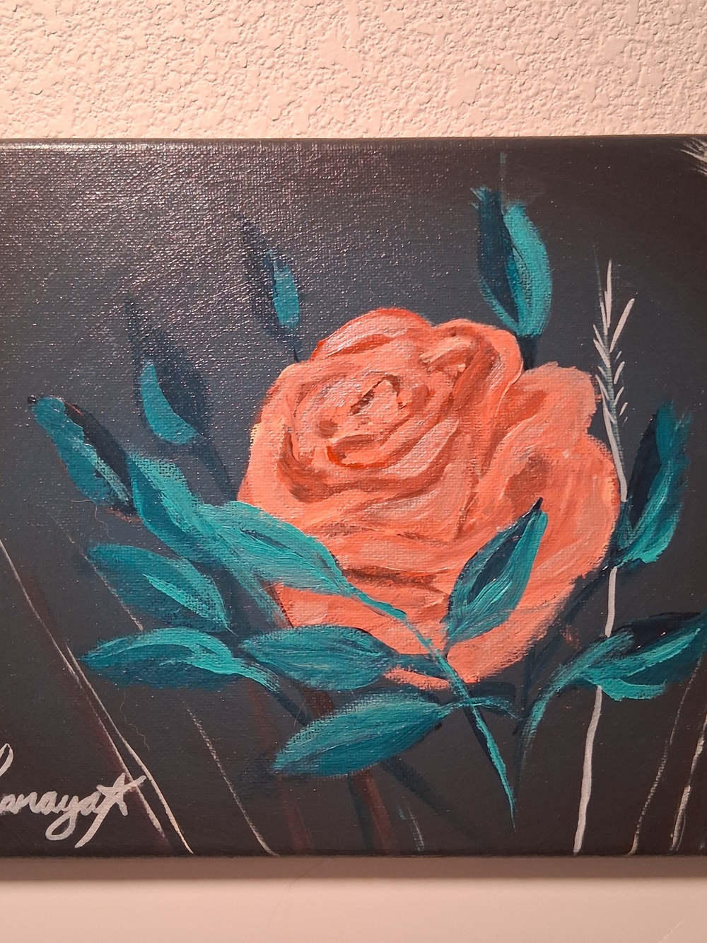 Original Rose Flower Painting in Black & Orange Coral TEAL